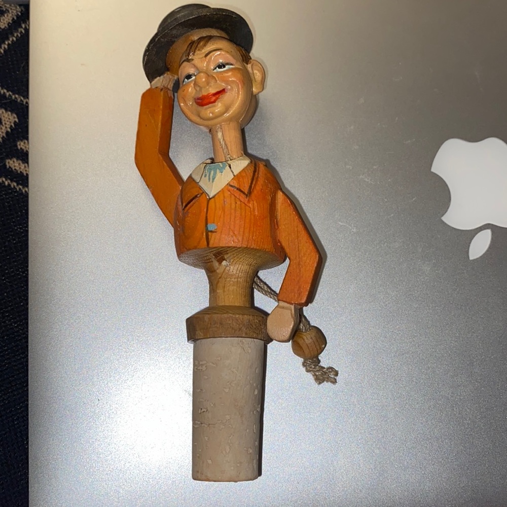 Vintage ANRI Mechanical Man Tipping Hat Cork Bottle Stopper Wooden Hand Carved
